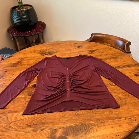 NWT INC International Concepts Long Sleeve Ruched Burgundy Blouse Large - Picture 1 of 10